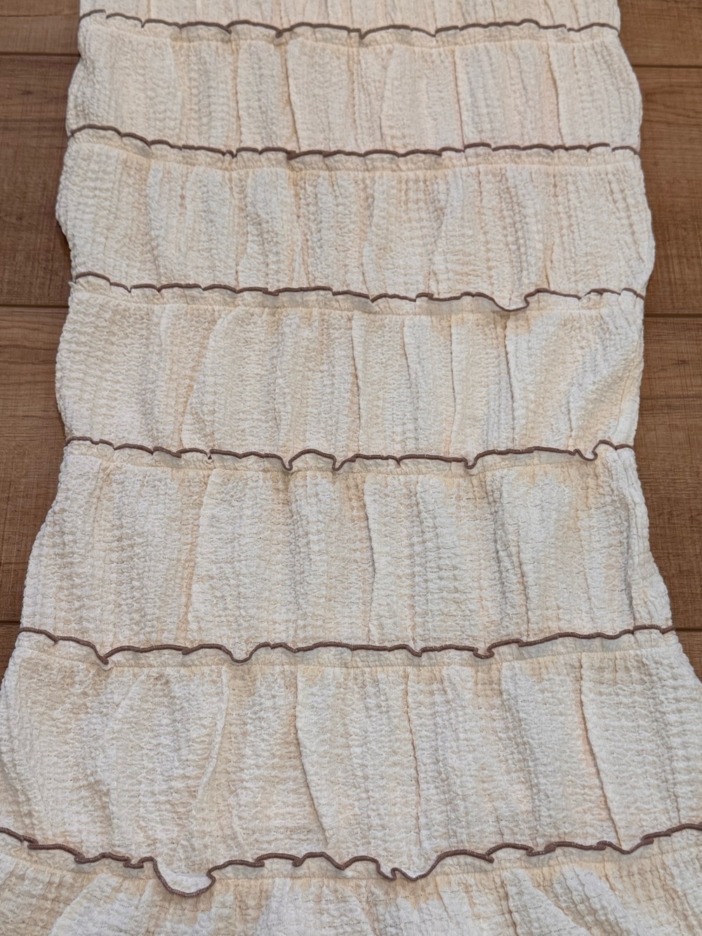 MAJORELLE Ivory Textured Brown Trim Tiered Ruffle Mermaid Maxi Dress XS - Picture 4 of 8